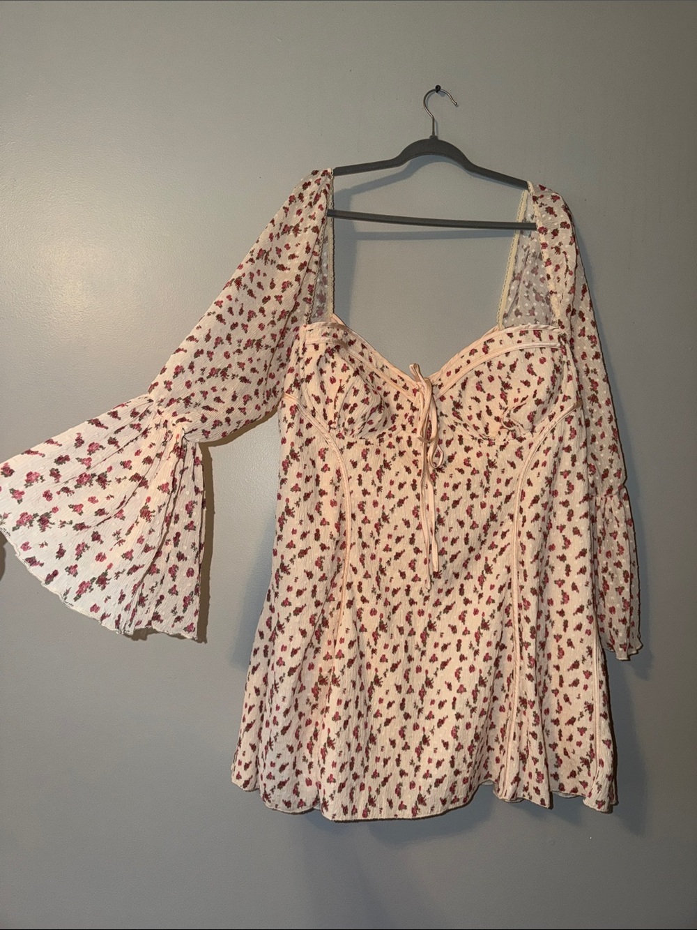 Fashion Nova Cream Mini Dress with Pink Floral Print and Bell Sleeves